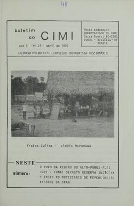 BOLETIM DO CIMI - BRASÍLIA DF CONSELHO INDIGENISTA MISSIONÁRIO - 1976 - Nº27