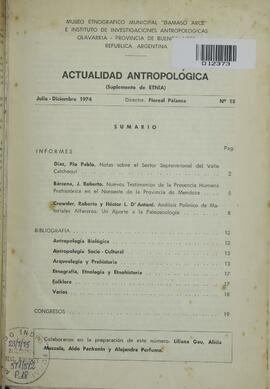 ACTUALIDADE ANTROPOLOGICA - MUSEO ETNOGRAFICO MUNICIPAL DAMASO ARCE - ARGENTINA - 1974 - Nº15